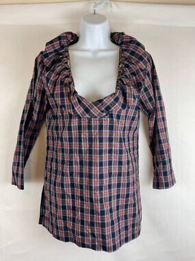 Devon Baer Blouse XS Navy Blue Red Green White Plaid Ruffle Collar